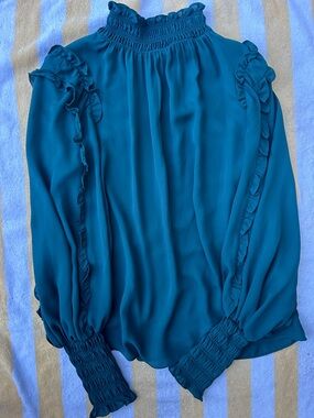 Max Studio Green Smocked-Neck Blouse ruffle details at neck, shoulders & wrist